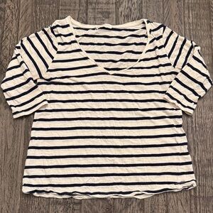 Zara Cream and Navy Striped V-Neck Long Sleeve Top